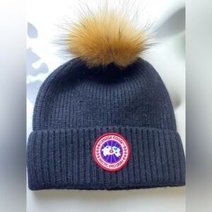 Canada Goose Black Knit Hat with Brown Pom-Pom